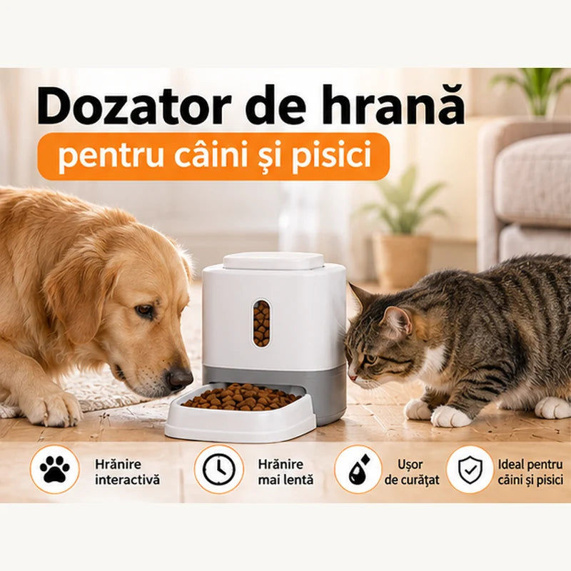 Dozator de Hrană pentru Câini și Pisici – 500 ml, cu Buton Interactiv