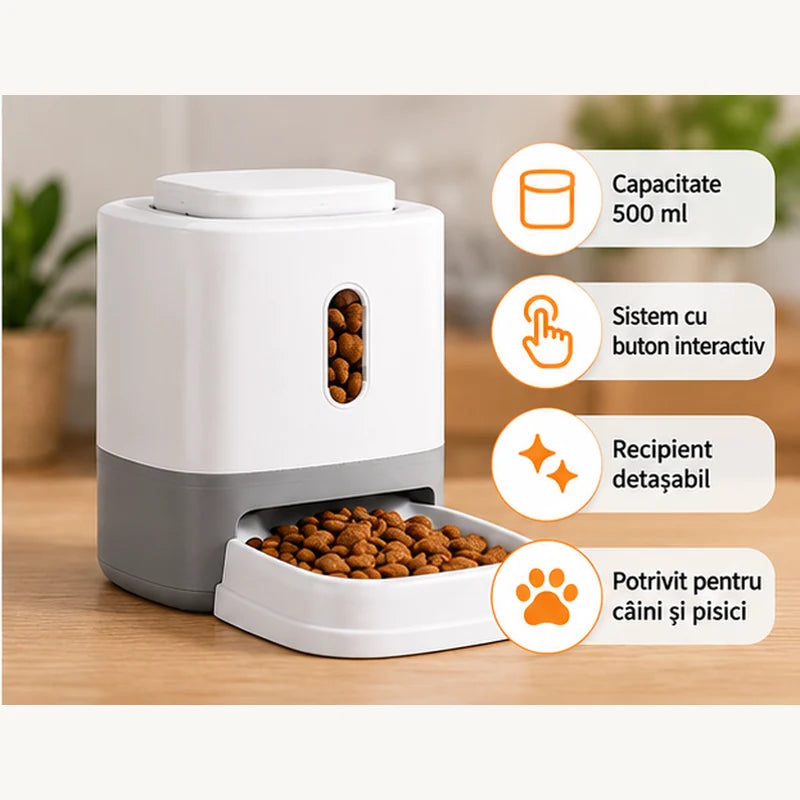Dozator de Hrană pentru Câini și Pisici – 500 ml, cu Buton Interactiv