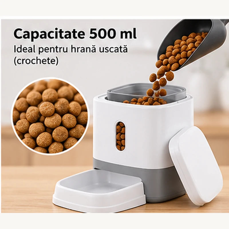 Dozator de Hrană pentru Câini și Pisici – 500 ml, cu Buton Interactiv