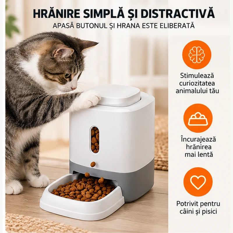 Dozator de Hrană pentru Câini și Pisici – 500 ml, cu Buton Interactiv