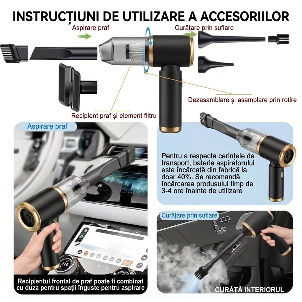 Mini Aspirator Pentru Curățarea Autovehiculului și Pentru Curățarea Spațiilor Înguste